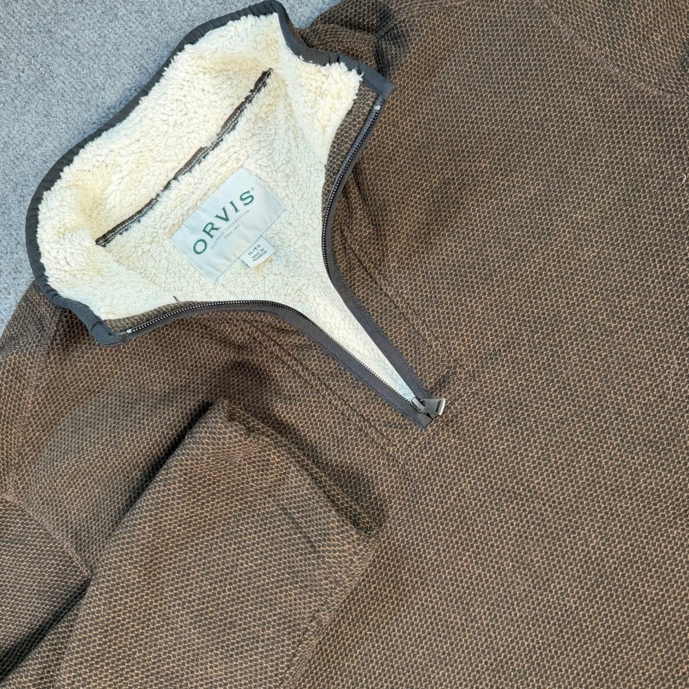 Orvis Mens XL Brown Textured Quarter Zip Faux Shearling Lined Pullover Sweater
